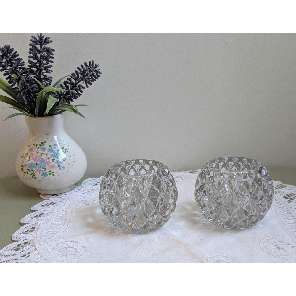 Vintage Diamond Cut Glass Votive Holders | Set‎ of 2 Clear Glass Candle Holders